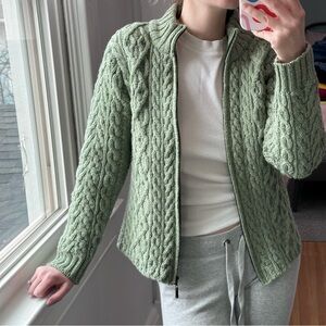 100% merino wool full zip cable knit cardigan sweater